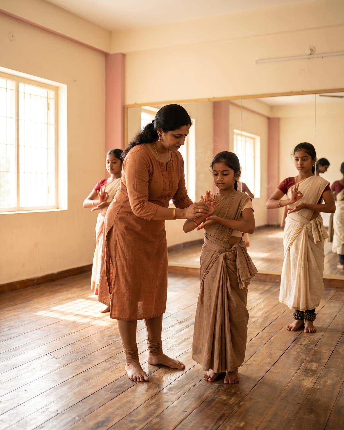 A dance teacher adjusting a young student’s hand gesture during a Bharatanatyam class in a sunlit studio