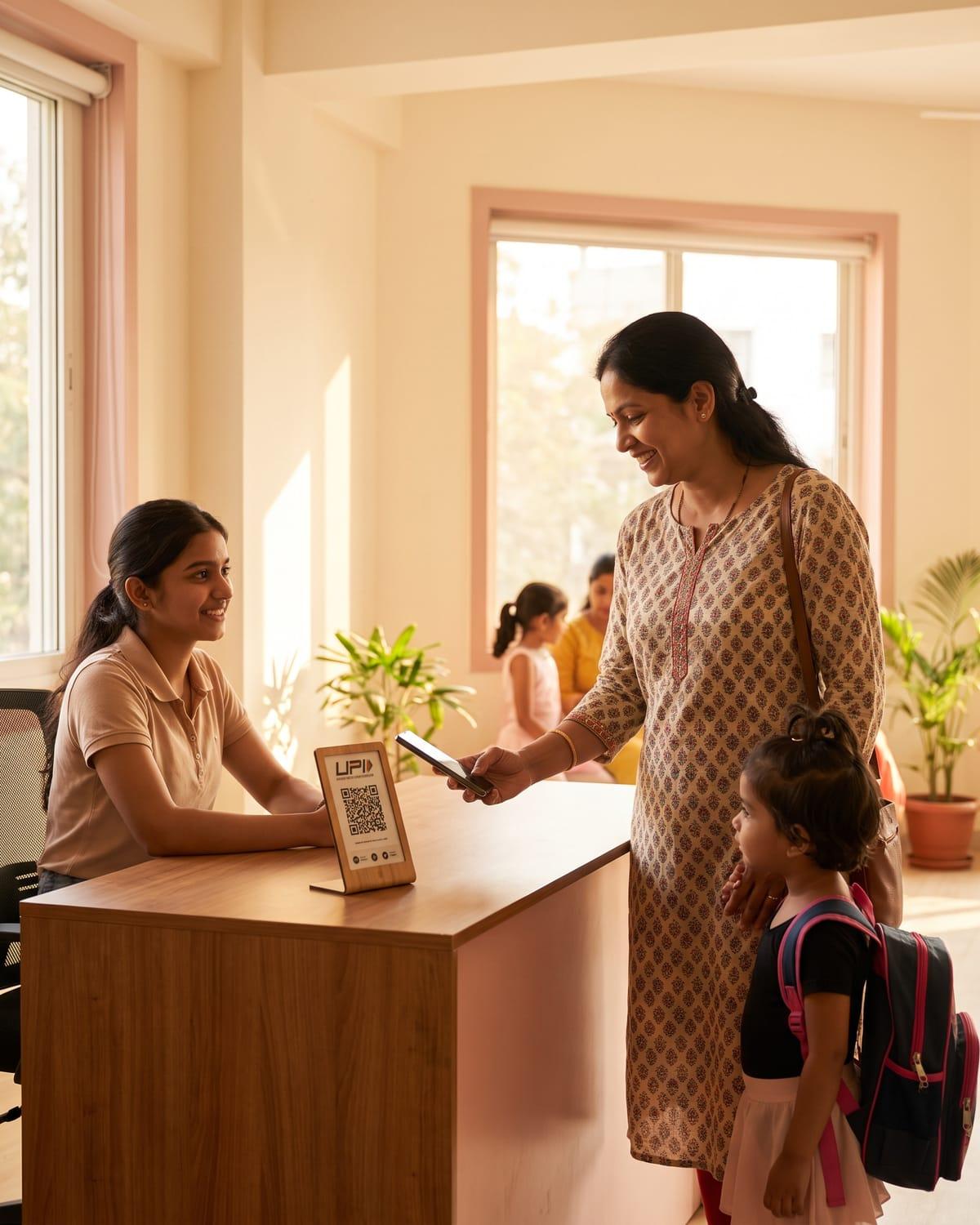 A parent paying a class fee by phone at an academy front desk while her daughter waits beside her