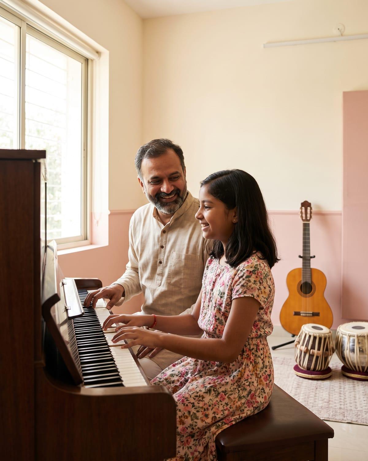 A music teacher smiling beside a young girl during a one-to-one piano lesson