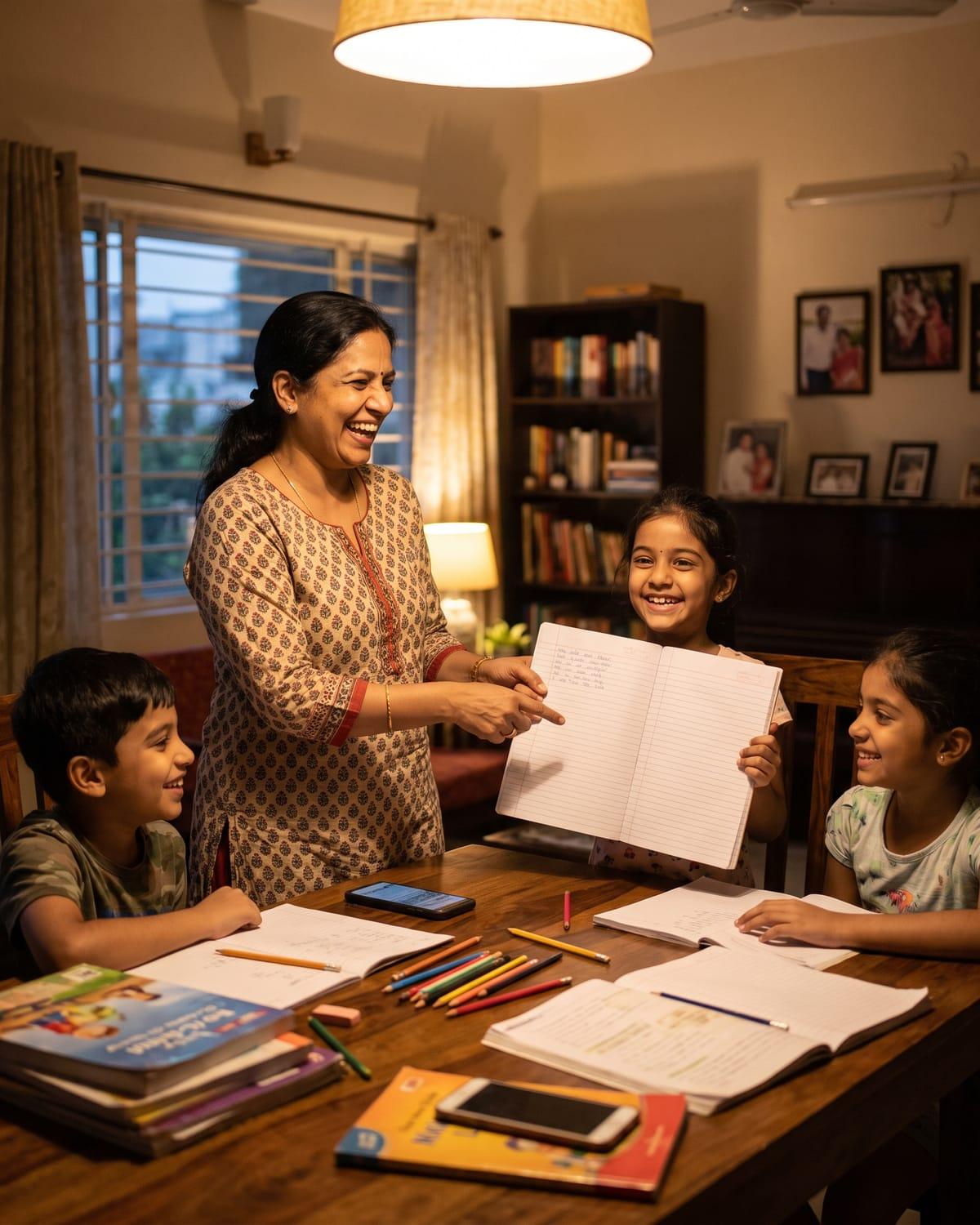A home tutor laughing with three children around a dining table as one shows her notebook