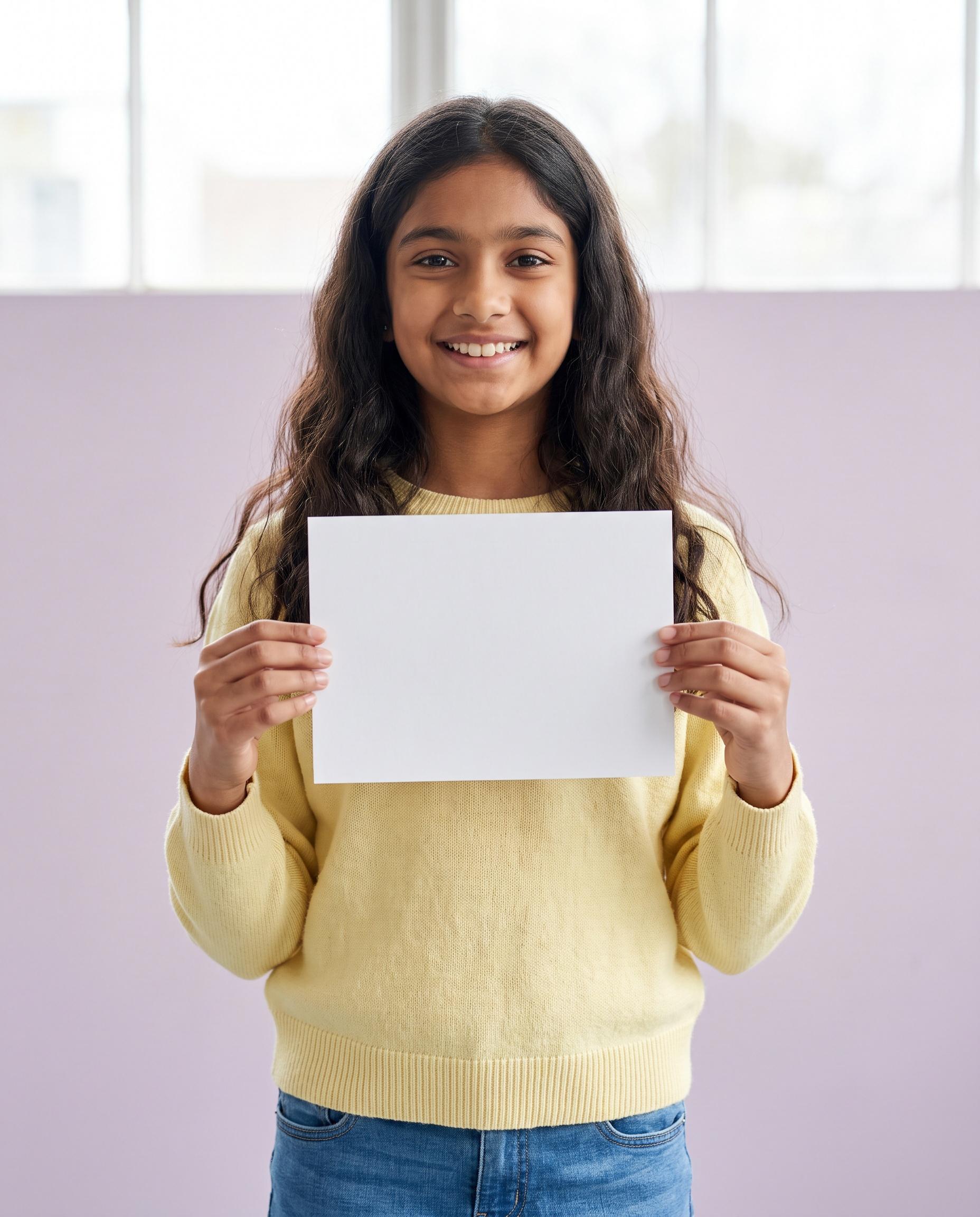 A smiling student holding up a blank card in a bright studio