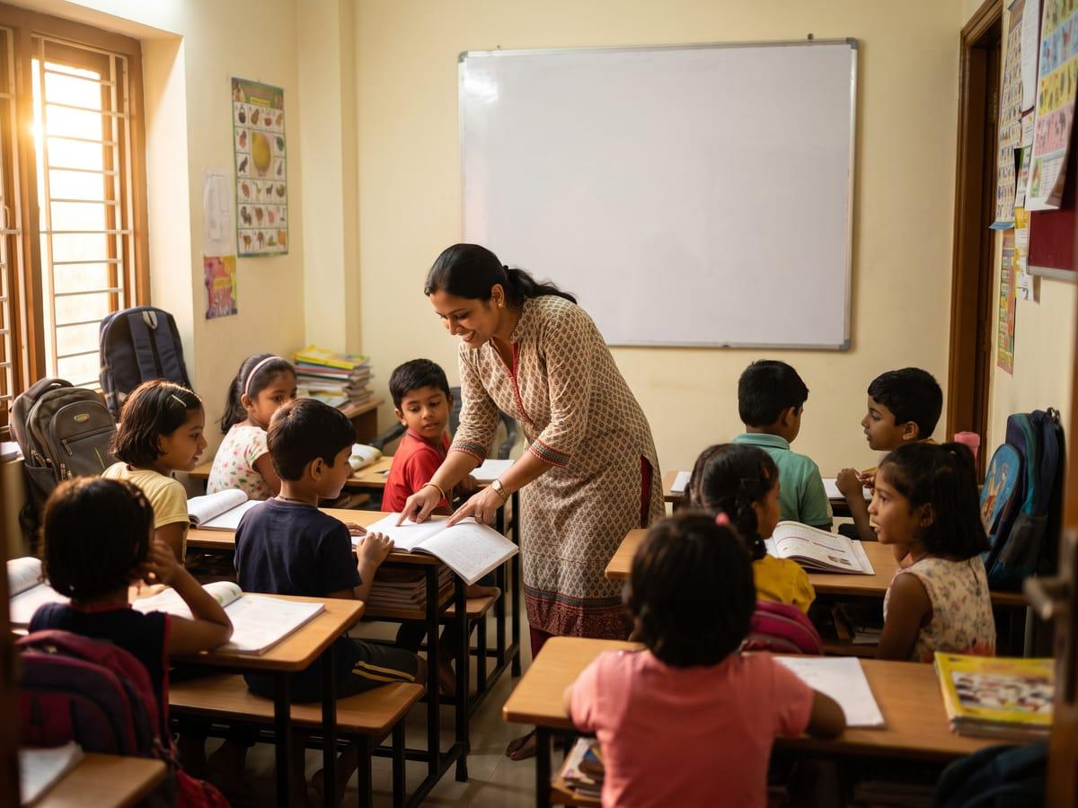 A teacher helping a student in a small, bright tuition centre