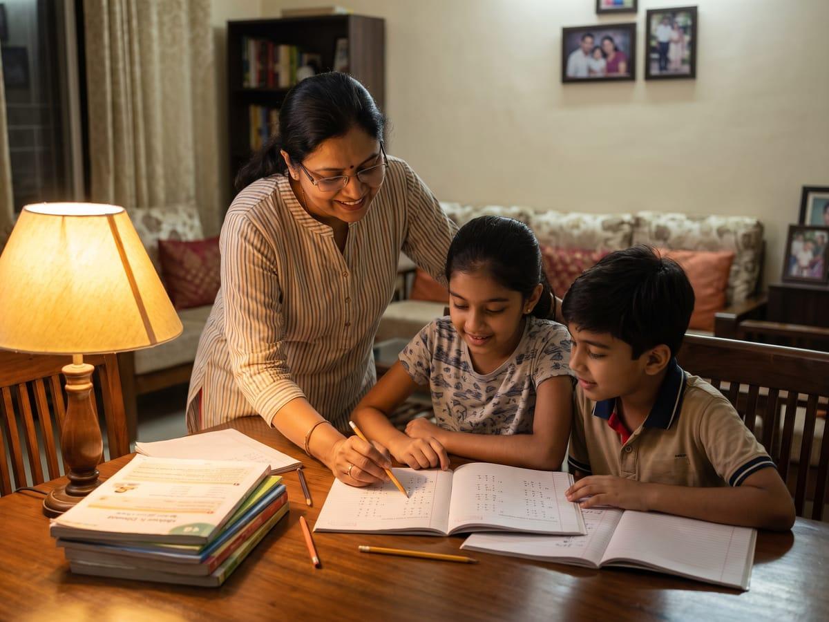 A tutor teaching two children maths at a dining table at home