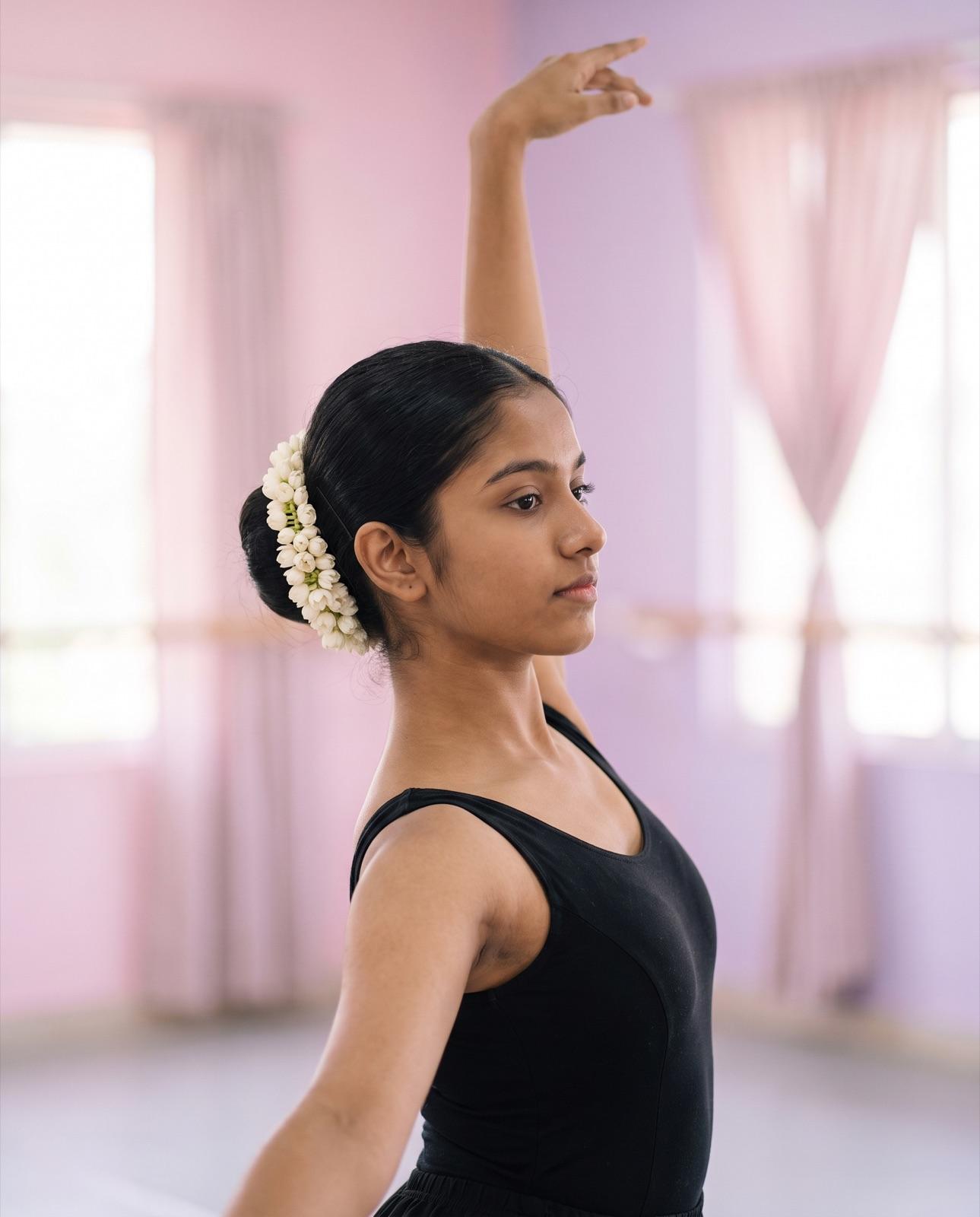 A young Indian dancer with jasmine flowers in her hair holds a graceful pose in a bright studio