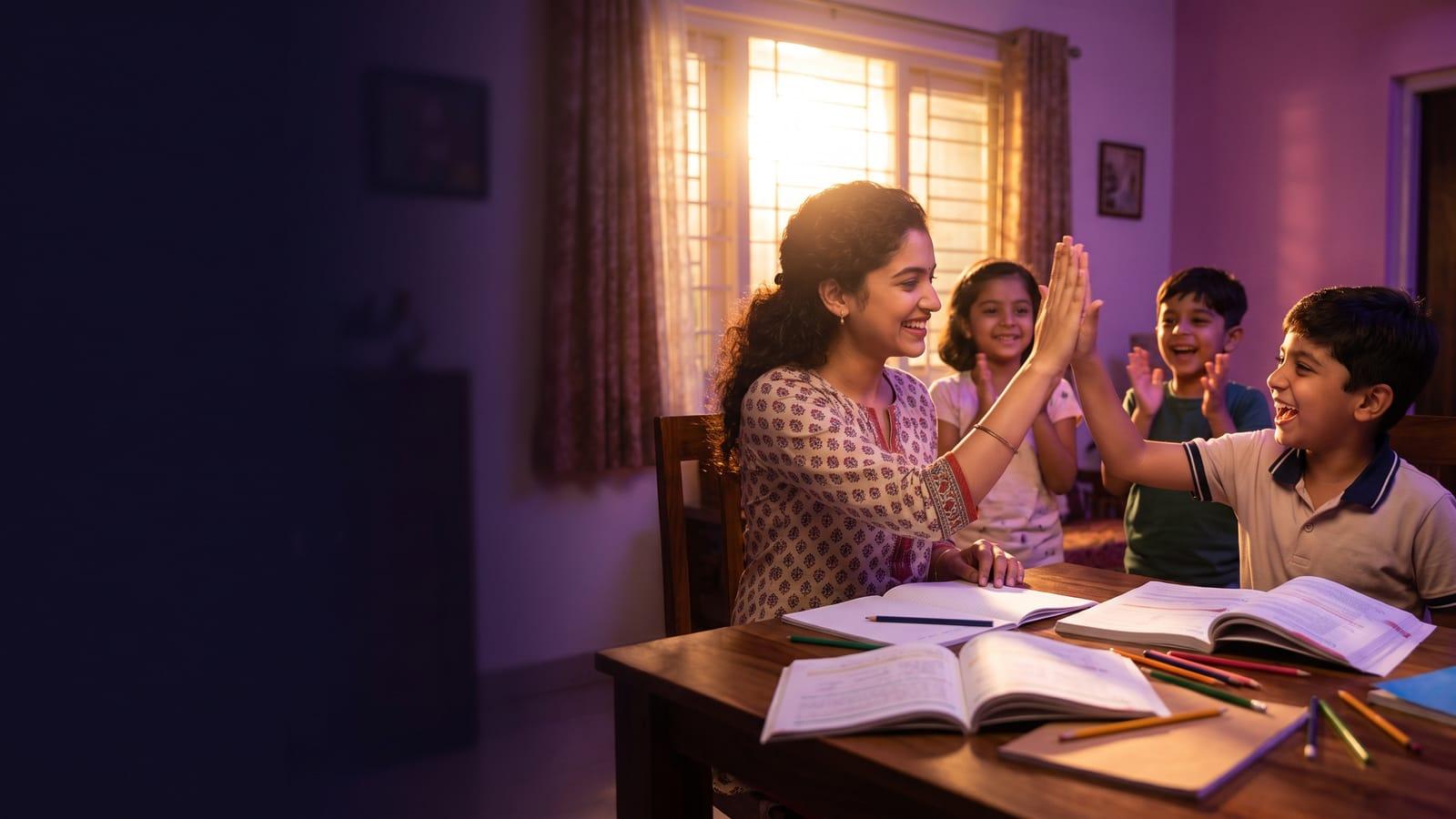 A tutor giving a boy a high-five at a home tuition table while two children cheer
